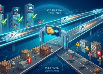 Representação visual da internet a duas velocidades com algoritmos de plataformas gigantes e newsletters independentes em paralelo