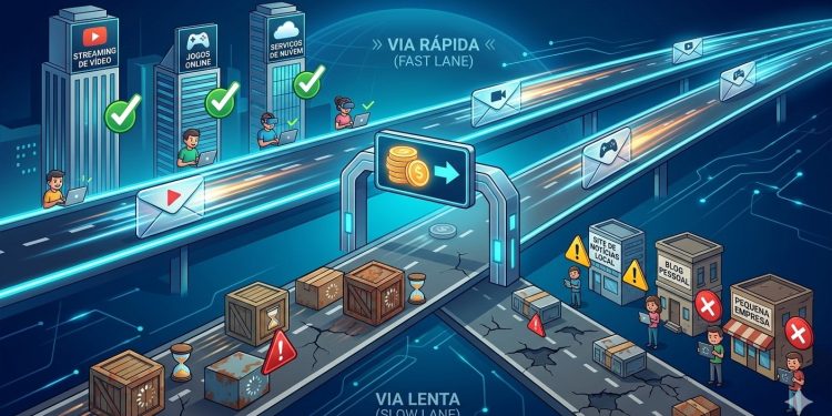Representação visual da internet a duas velocidades com algoritmos de plataformas gigantes e newsletters independentes em paralelo