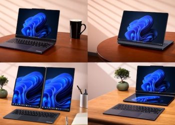 ThinkPad X1 Fold da Lenovo com ecrã OLED dobrável de 16 polegadas aberto sobre uma secretária