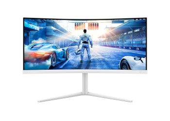 monitor Philips Evnia curvo com setup de gaming e trabalho