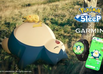 smartwatch Garmin com mostrador Pokémon Sleep com Snorlax e dados de sono no ecrã