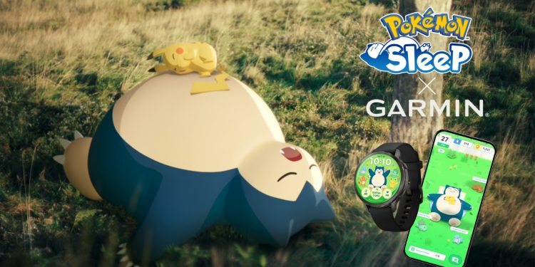 smartwatch Garmin com mostrador Pokémon Sleep com Snorlax e dados de sono no ecrã