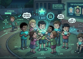 Criança portuguesa a olhar para um smartwatch enquanto outros colegas brincam ao ar livre no recreio