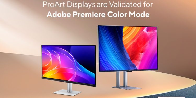 Monitor ASUS ProArt Display OLED PA27UCDMR sobre secretária de edição profissional com interface do Adobe Premiere aberta em modo HDR com paleta de cores calibrada visível