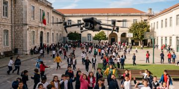 Drone de segurança autónomo a sobrevoar o corredor de uma escola americana vazia com luzes de emergência activas