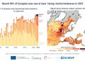 Mapa da Europa com anomalias de temperatura em 2025, mostrando predominância de vermelho intenso sobre o continente