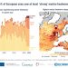 Mapa da Europa com anomalias de temperatura em 2025, mostrando predominância de vermelho intenso sobre o continente