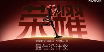 Robot humanoide HONOR D1 a correr em pista de atletismo durante a Meia Maratona de Pequim 2026, com multidão a observar em fundo