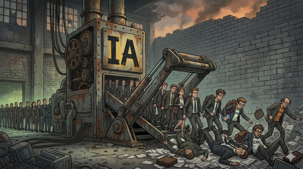 Fila de engenheiros simbolizando despedimentos em massa no sector tecnológico em 2026