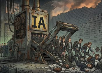 IA: Fila de engenheiros simbolizando despedimentos em massa no sector tecnológico em 2026