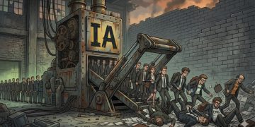 IA: Fila de engenheiros simbolizando despedimentos em massa no sector tecnológico em 2026