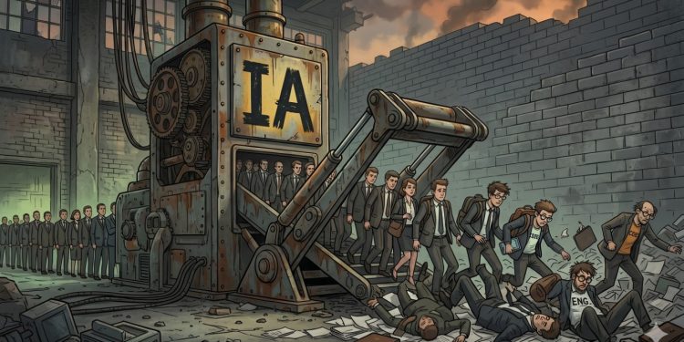 IA: Fila de engenheiros simbolizando despedimentos em massa no sector tecnológico em 2026