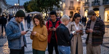Adolescentes a olhar para o telemóvel com feed de Shorts do YouTube