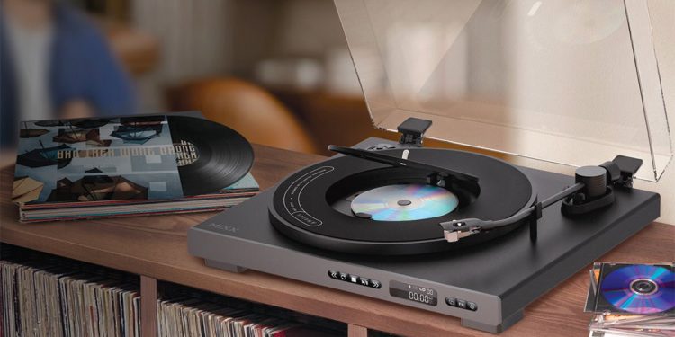 gira-discos Mixx Analog Plus com leitor de CD integrado no centro