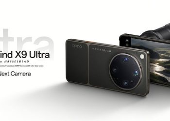 OPPO Find X9 Ultra em acabamento Preto Umbra com módulo de câmaras Hasselblad de cinco lentes em destaque sobre fundo escuro neutro