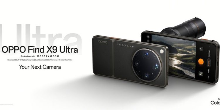 OPPO Find X9 Ultra em acabamento Preto Umbra com módulo de câmaras Hasselblad de cinco lentes em destaque sobre fundo escuro neutro