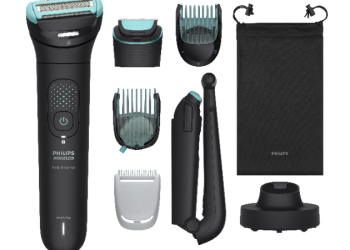 Philips Série 7000, Série 9000 e OneBlade 360 apresentados como soluções de cuidado masculino para barba, cabelo e corpo.