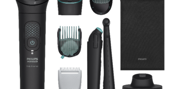 Philips Série 7000, Série 9000 e OneBlade 360 apresentados como soluções de cuidado masculino para barba, cabelo e corpo.