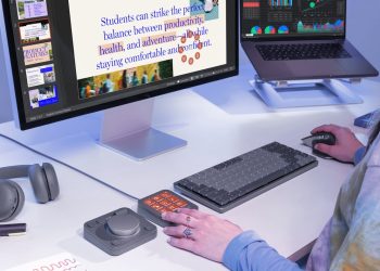 Logitech MX Keys S e MX Master 4 sobre secretária minimalista, com o MX Creative Console ao lado e o Actions Ring activo no ecrã