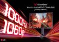 Monitor LG UltraGear 25G590B de 24,5 polegadas com taxa de actualização de 1000Hz sobre secretária de gaming, com iluminação ambiente UltraGear Emblem activada
