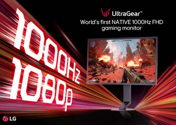 Monitor LG UltraGear 25G590B de 24,5 polegadas com taxa de actualização de 1000Hz sobre secretária de gaming, com iluminação ambiente UltraGear Emblem activada
