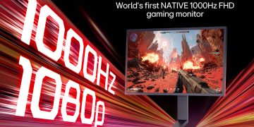 Monitor LG UltraGear 25G590B de 24,5 polegadas com taxa de actualização de 1000Hz sobre secretária de gaming, com iluminação ambiente UltraGear Emblem activada