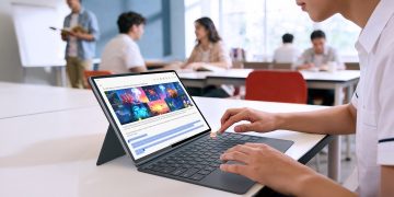 Lenovo Idea Tab Pro Gen 2 sobre secretária com caneta digital e teclado, em ambiente de estudo universitário