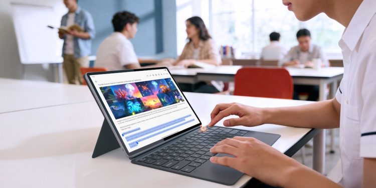 Lenovo Idea Tab Pro Gen 2 sobre secretária com caneta digital e teclado, em ambiente de estudo universitário