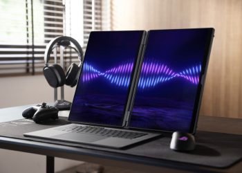 Portátil gaming ASUS ROG Zephyrus Duo 2026 com dois ecrãs OLED de 16 polegadas e design premium em alumínio Stellar Grey.