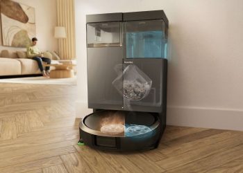 Robot aspirador inteligente iRobot Roomba Combo 415 Plus com base AutoWash em ambiente doméstico moderno
