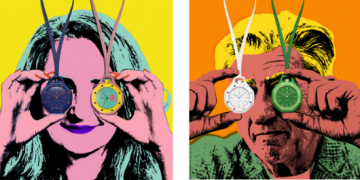 Oito modelos da colecção Royal Pop da Audemars Piguet × Swatch em Bioceramic colorido com cordão em pele, dispostos sobre superfície branca