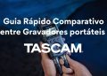 Gravadores portáteis TASCAM dispostos sobre superfície neutra - Portacapture X8, DR-07XP e DR-10L Pro em conjunto, mostrando a diferença de tamanho entre as gamas