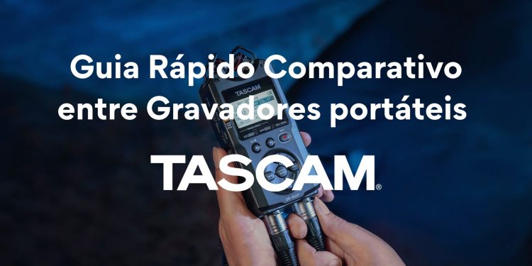Gravadores portáteis TASCAM dispostos sobre superfície neutra - Portacapture X8, DR-07XP e DR-10L Pro em conjunto, mostrando a diferença de tamanho entre as gamas