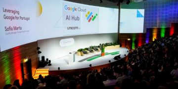 Apresentação da Google Cloud AI Live Lisboa com demonstração de ferramentas de inteligência artificial para empresas.