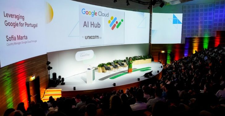 Apresentação da Google Cloud AI Live Lisboa com demonstração de ferramentas de inteligência artificial para empresas.