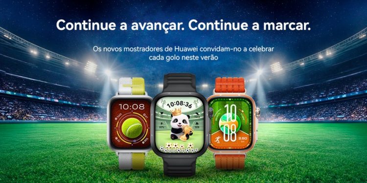 Huawei leva o futebol ao smartwatch 1 Smartwatch Huawei com mostrador temático de futebol exibindo métricas de actividade física e elementos interactivos.