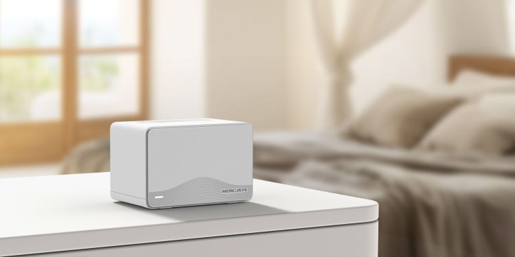 Sistema Mesh MERCUSYS Halo H25BE com duas unidades distribuídas por uma casa moderna para cobertura Wi-Fi 7.