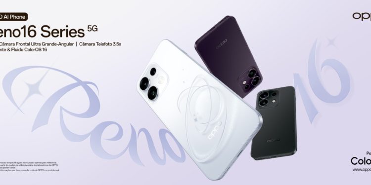 Smartphone OPPO Reno16 com design 3D Pop Planet e módulo fotográfico traseiro em destaque.