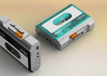 Leitor de cassetes portátil Gadhouse MIKO com corpo transparente e acabamentos em alumínio.