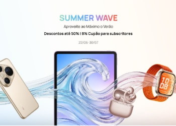 Produtos da campanha Huawei Summer Wave 2026, incluindo smartwatches, tablet e auriculares.