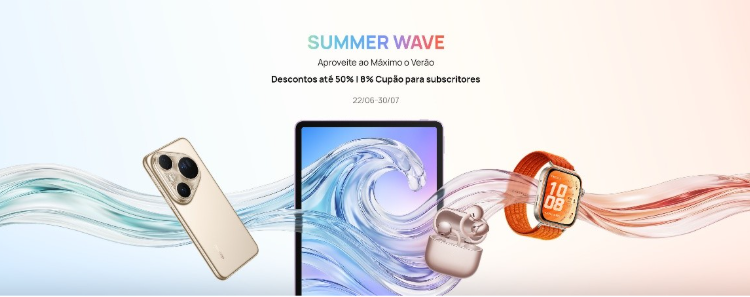 Produtos da campanha Huawei Summer Wave 2026, incluindo smartwatches, tablet e auriculares.